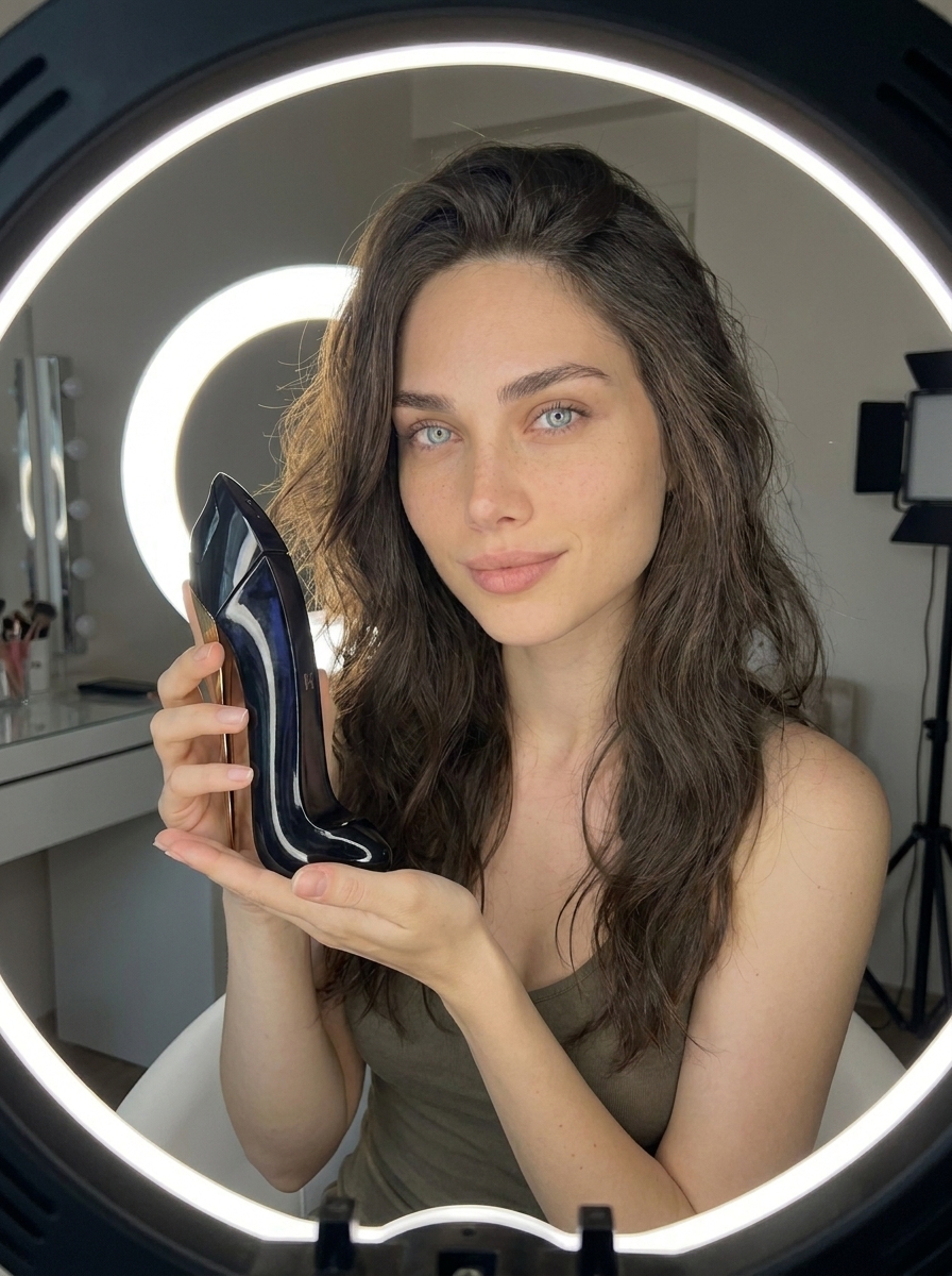 Influencer virtual segurando produto